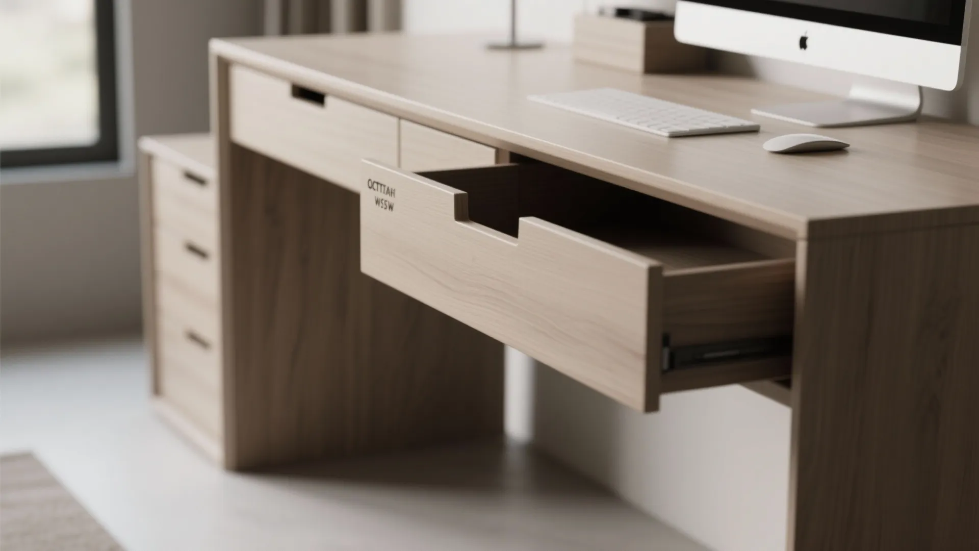 Close up of wooden desk with open drawer computer monitor keyboard and mouse in bright room