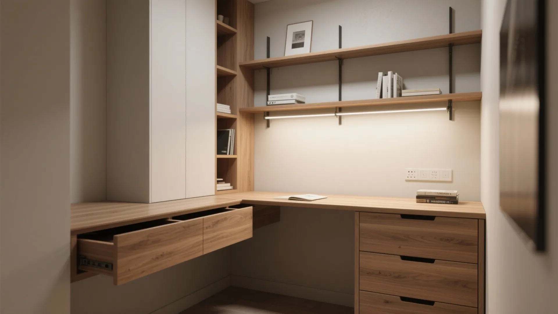 Minimalist wooden corner desk with open drawers white cabinet wall shelves and a light fixture