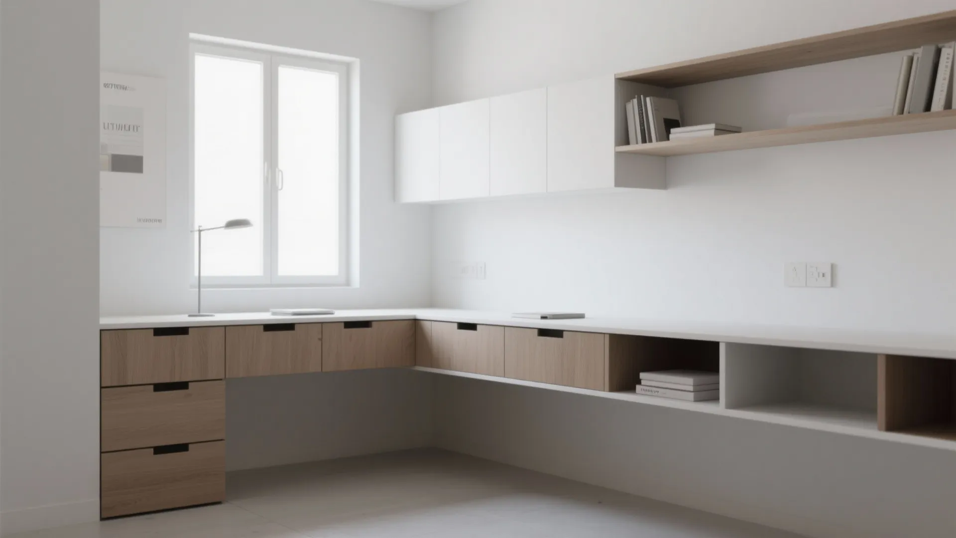 Modern white minimalist corner desk with wooden drawers and wall cabinets near a bright room window
