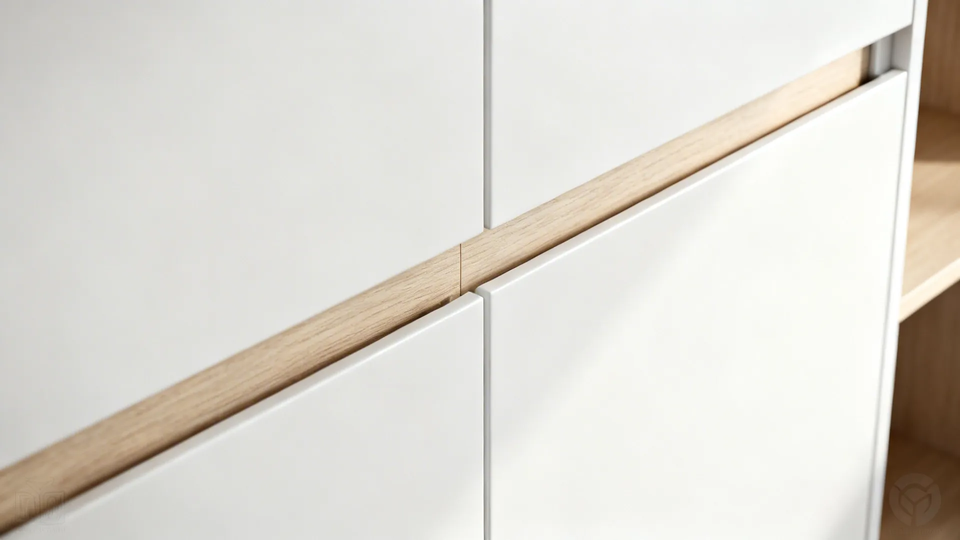 Macro of flat-front cabinet reveals and integrated pull in matte white and pale wood.