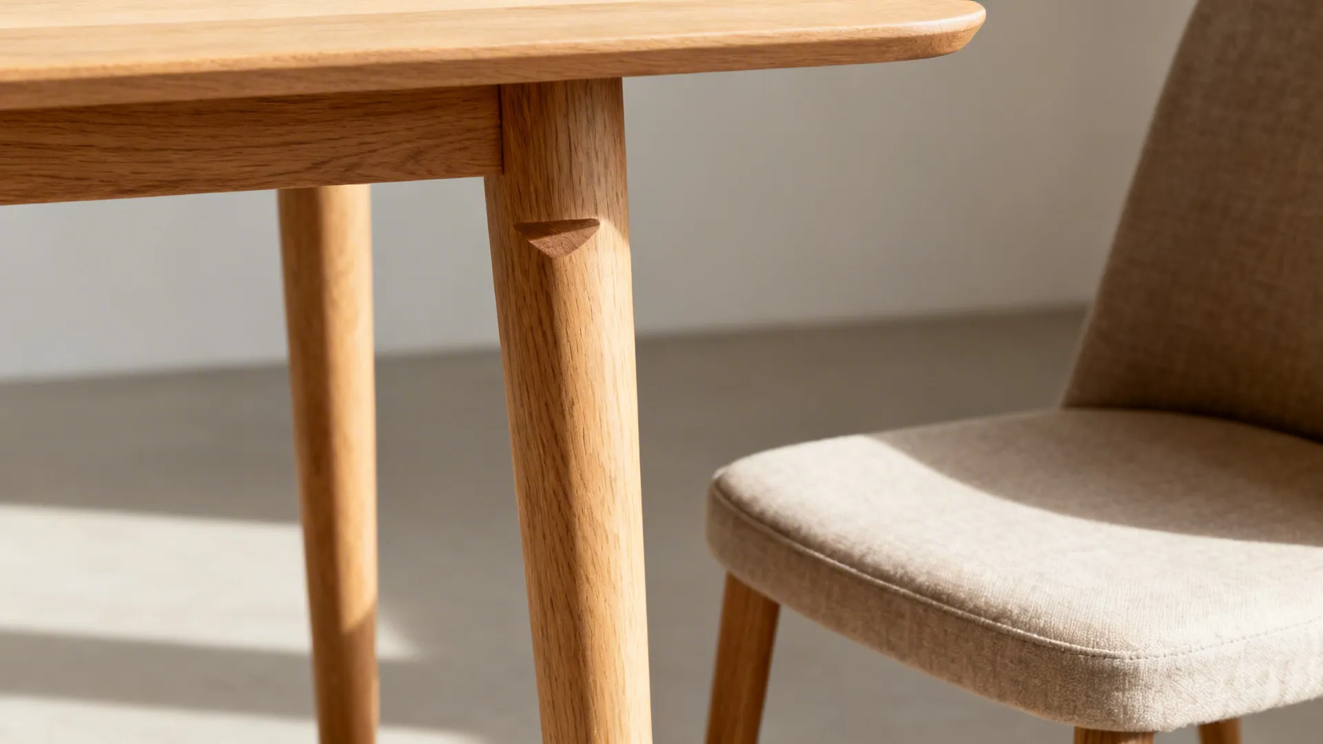 Macro of slim oak table leg and armless linen chair showing refined minimalist details.