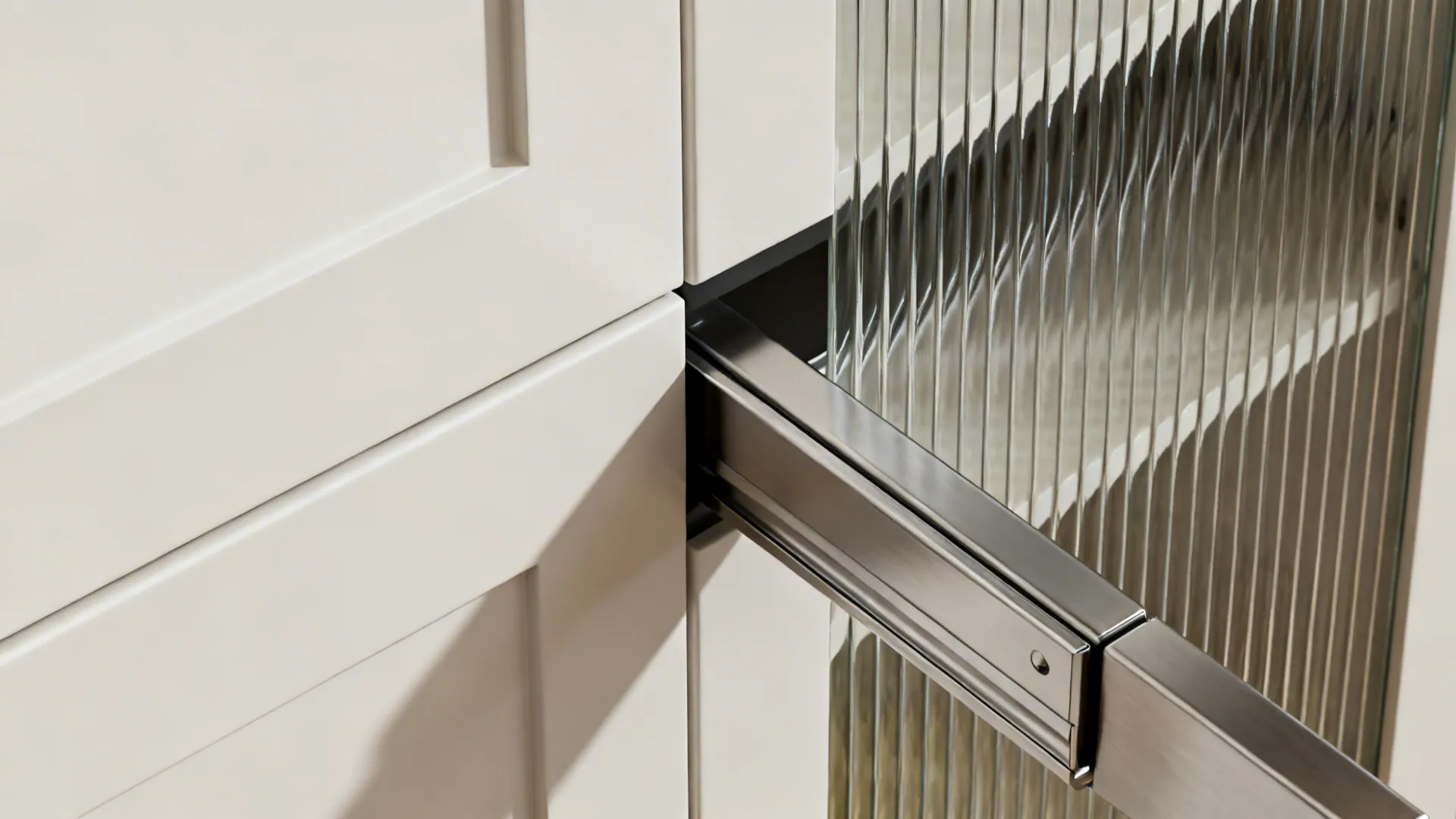 Macro of matte white cabinet edge meeting ribbed glass with crisp shadow line and steel hardware.