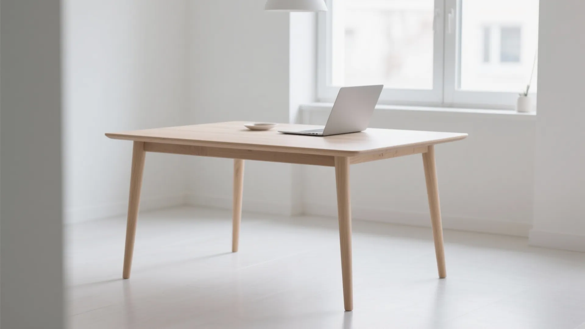 Minimalist dining table with light wood finish in a bright room