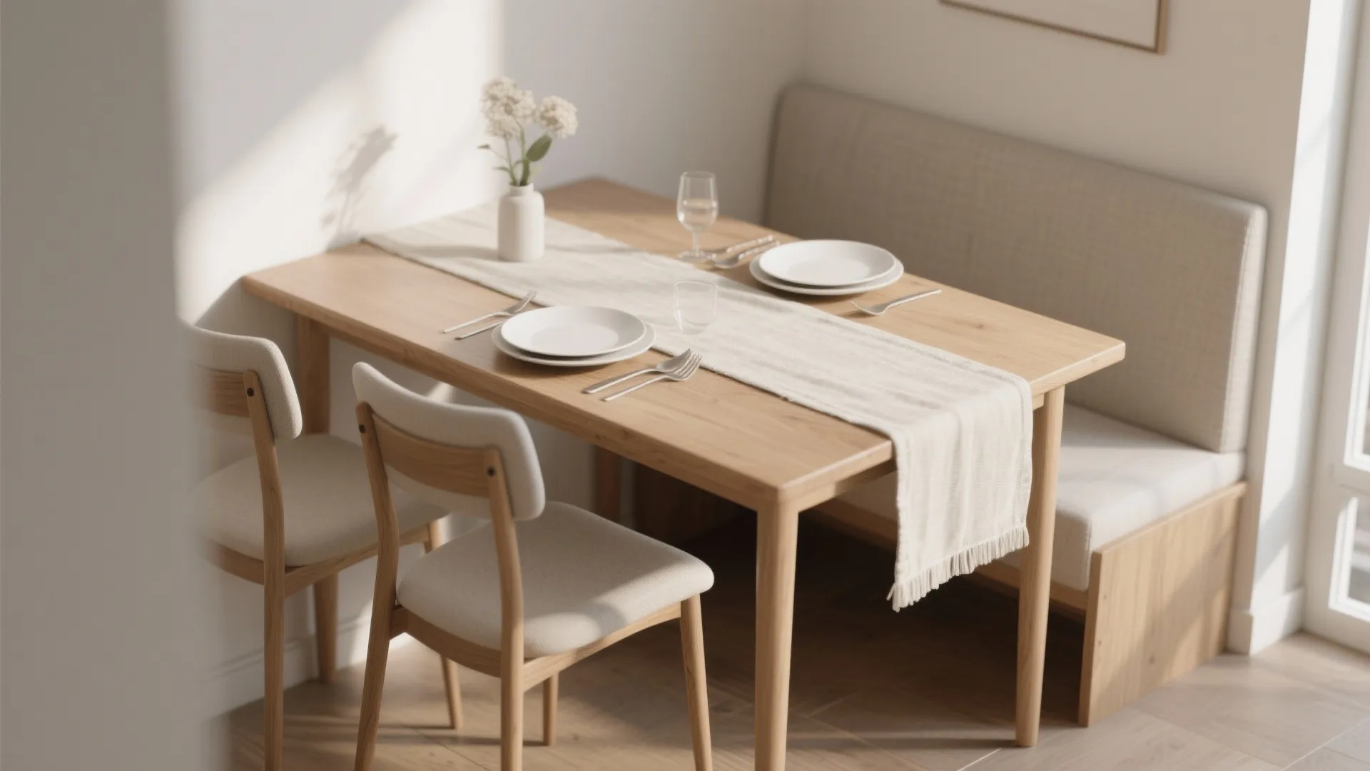 Minimalist dining area featuring a wooden table with white runner bench seating and two chairs