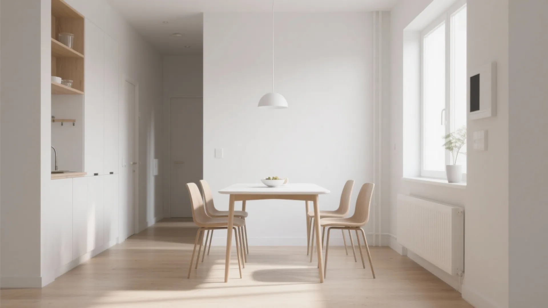 Minimalist white dining room featuring a wooden table four chairs and a simple ceiling light