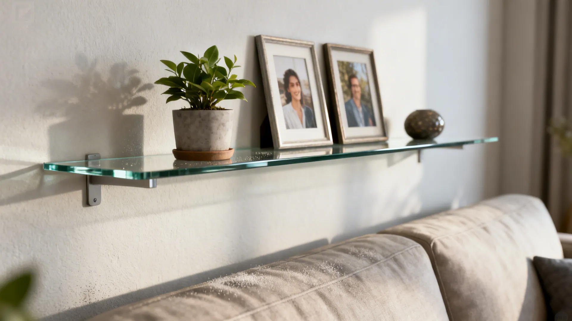 Close-up of a slim glass shelf above a sofa holding a plant, framed photos, and an ornament