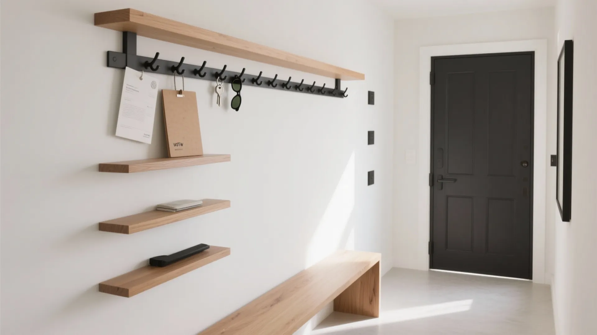 Minimalist storage along the door-side wall