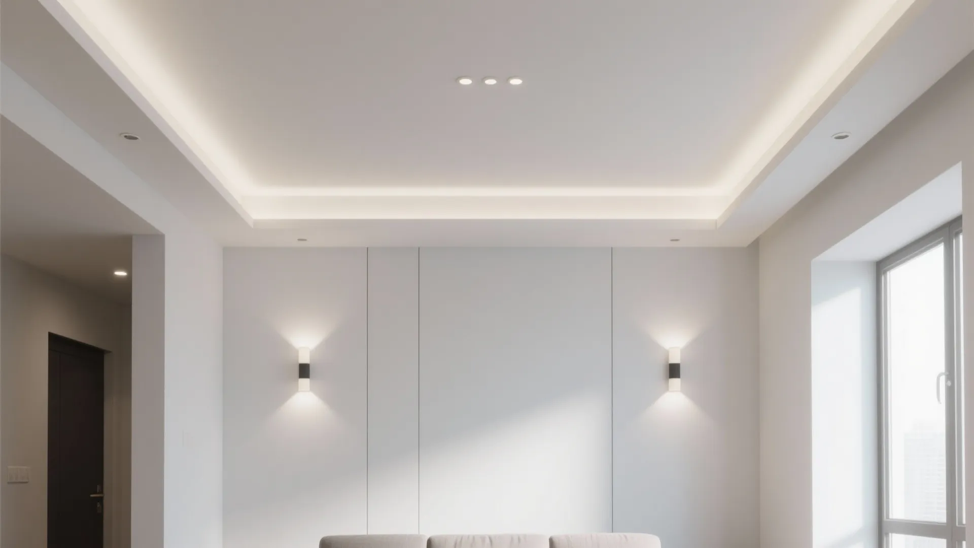 Bright white room with hidden ceiling lights plus wall lights and large windows for sunlight