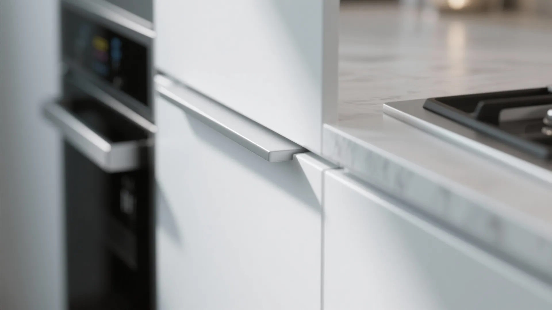 Minimalist hidden edge pulls on white cabinets