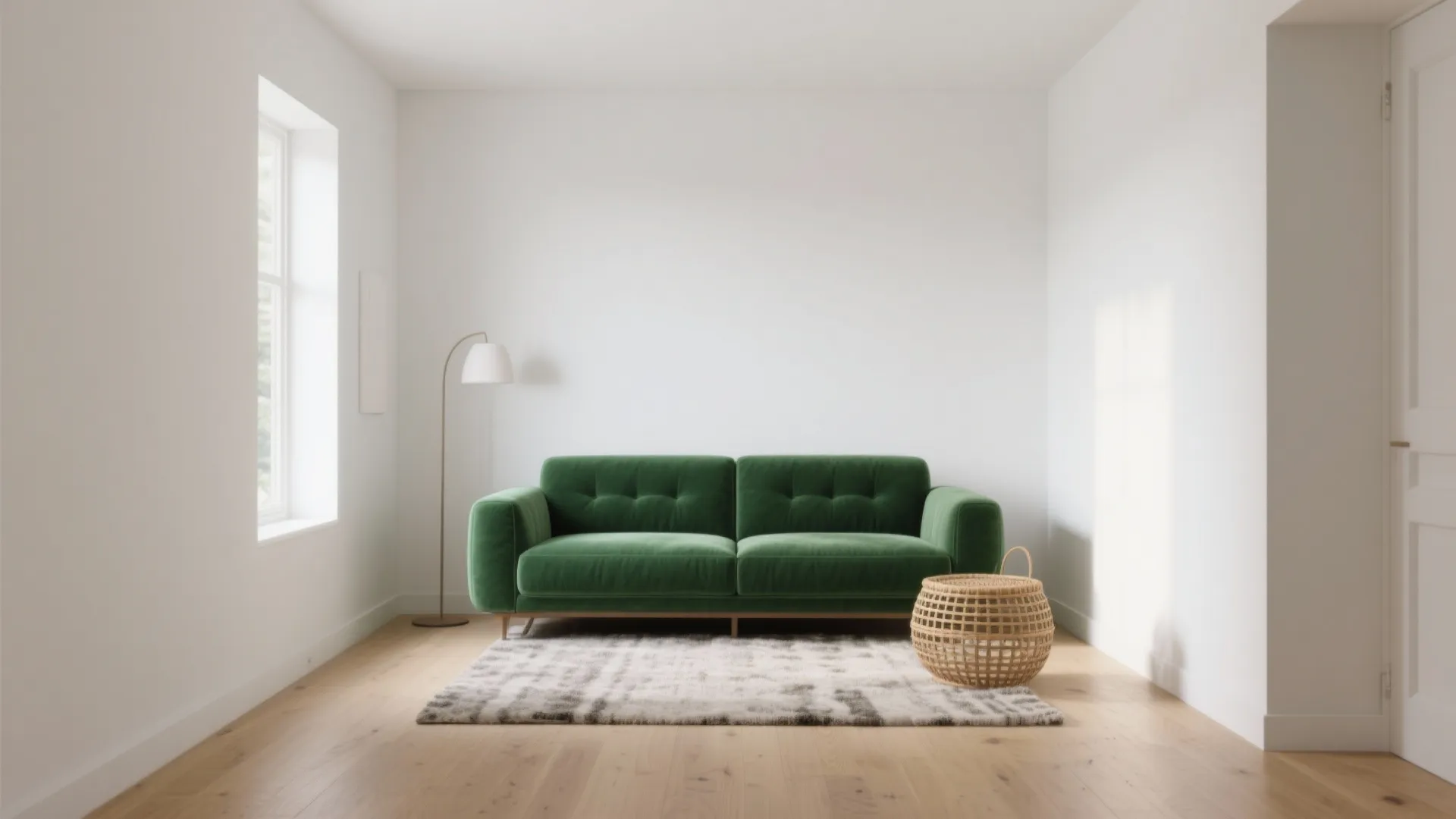 Minimalist living room featuring a green sofa with white walls wood floor and a rug