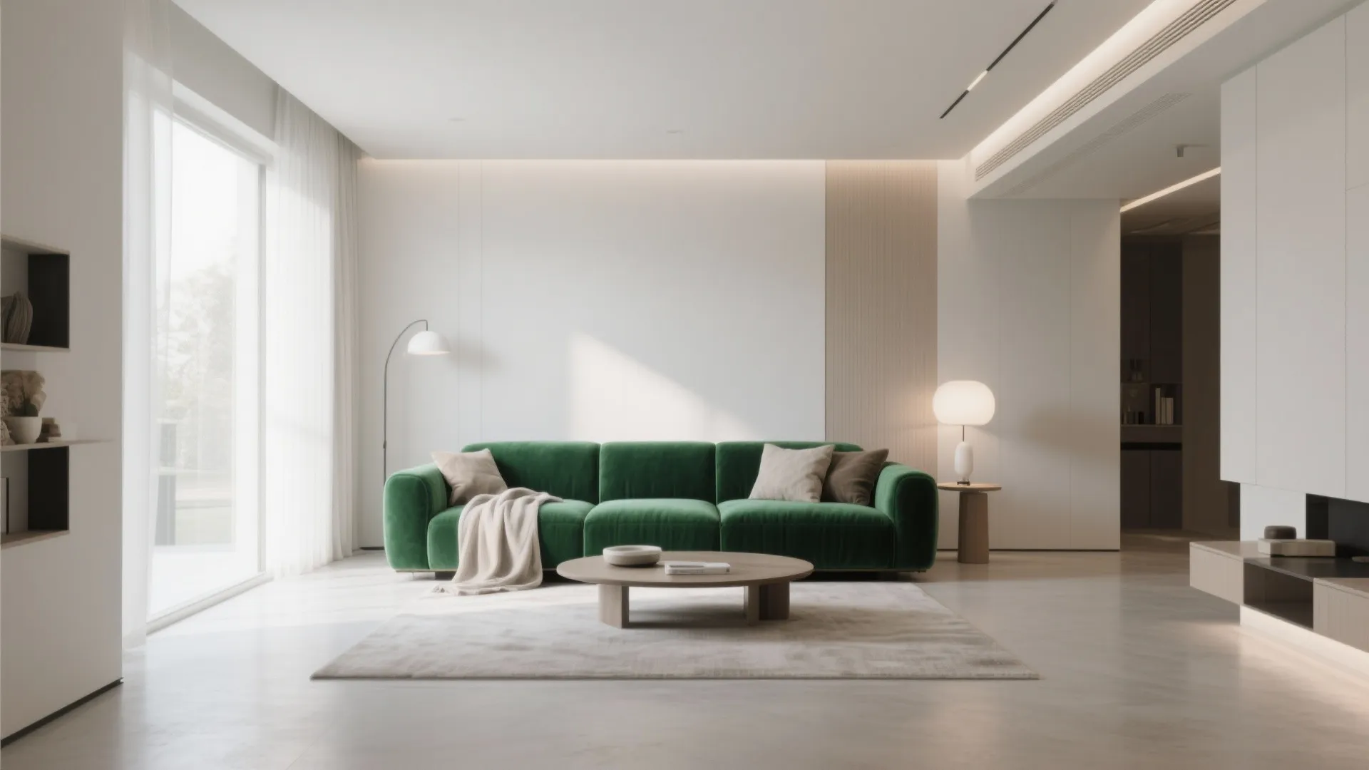 Modern living room with green sofa wooden coffee table white wall and bright natural light