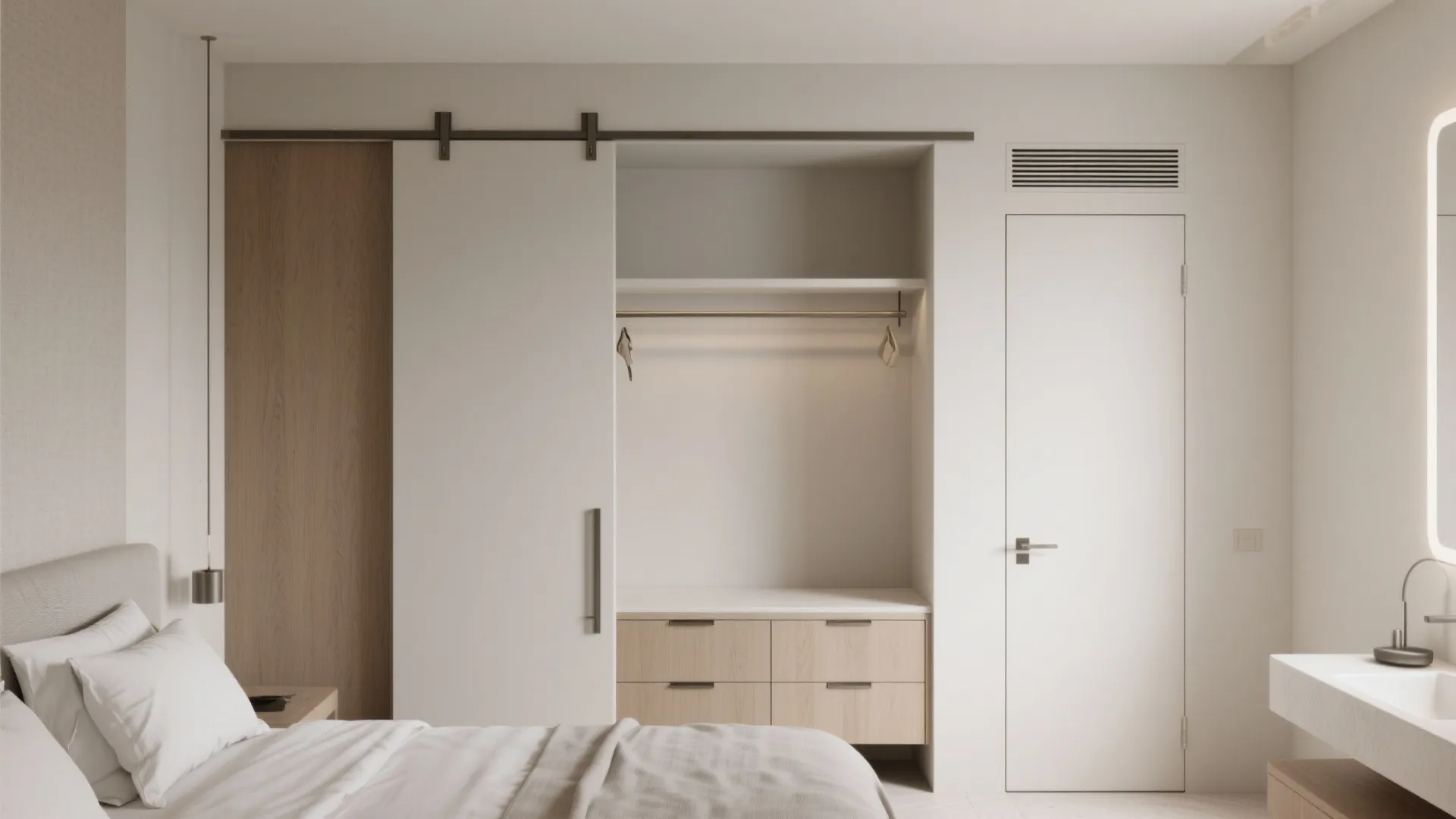 Minimalist bedroom with a sliding door closet white walls bed sheets and a small bathroom