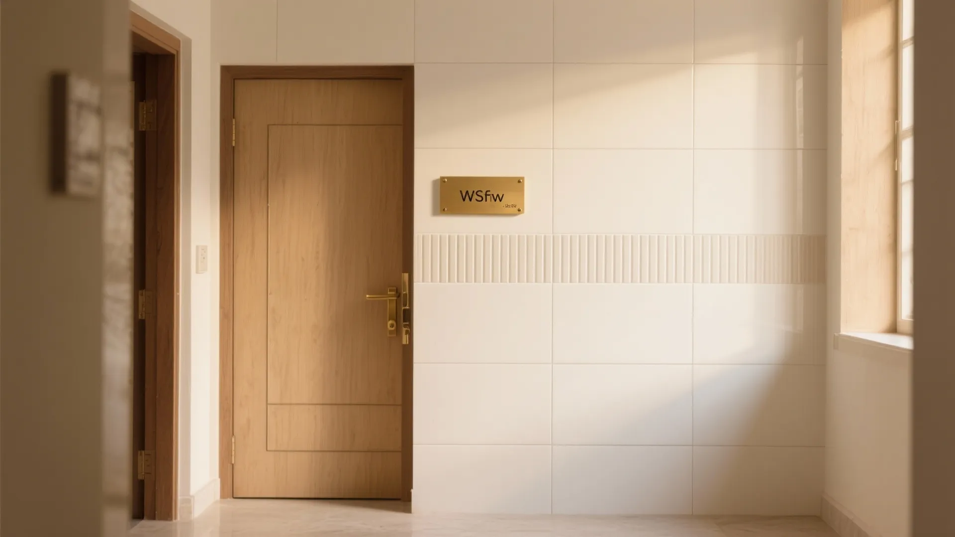 Minimalist indoor hallway featuring wooden door white tiled wall gold nameplate and bright window light