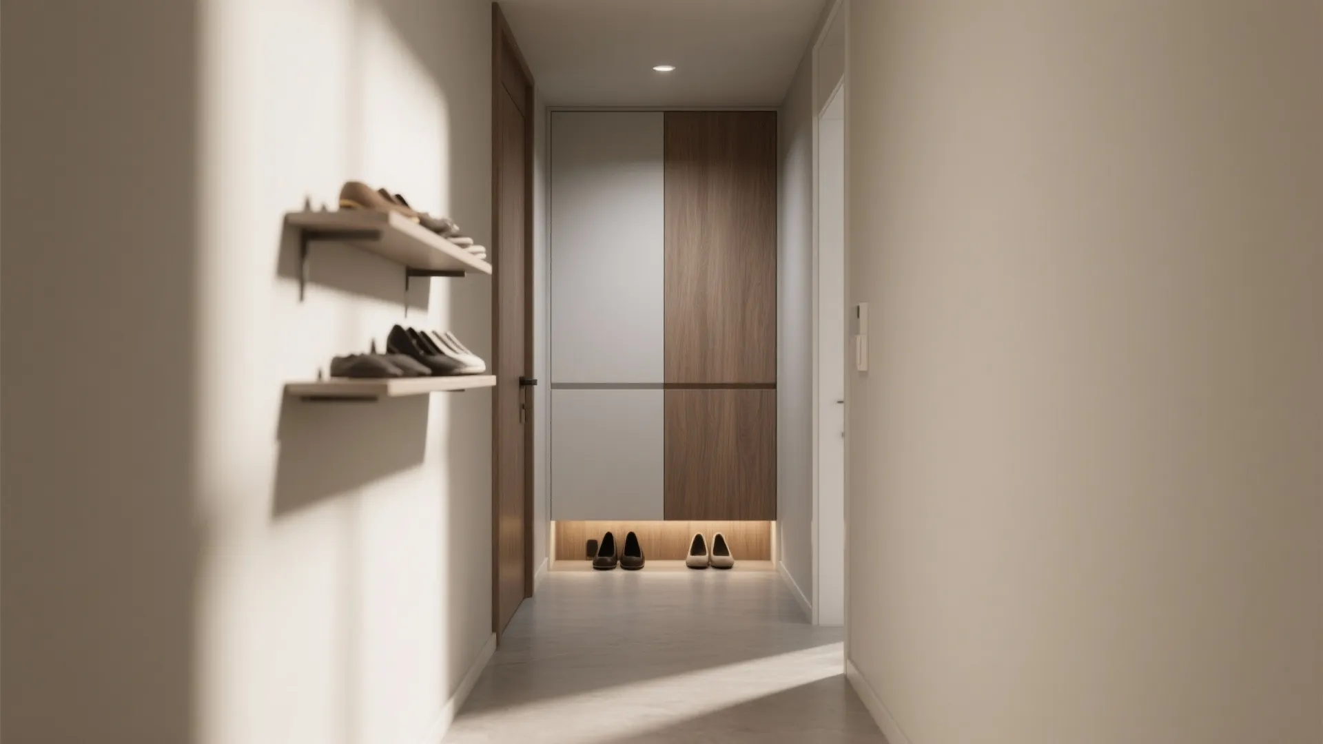 Minimalist entryway featuring built-in wood cabinet, wall mounted shoe shelves, and warm floor level lighting