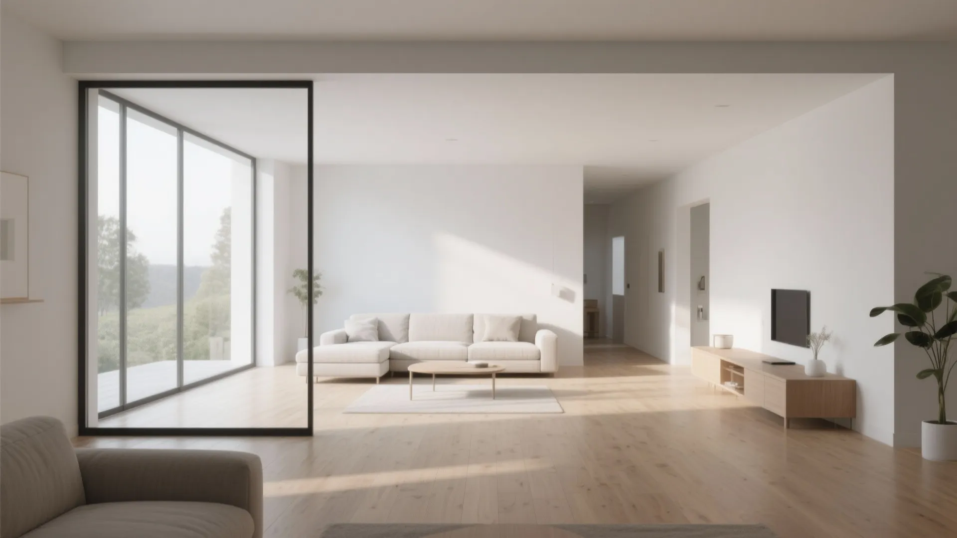 Minimalist interior design featuring a white sofa and glass room divider in a bright space