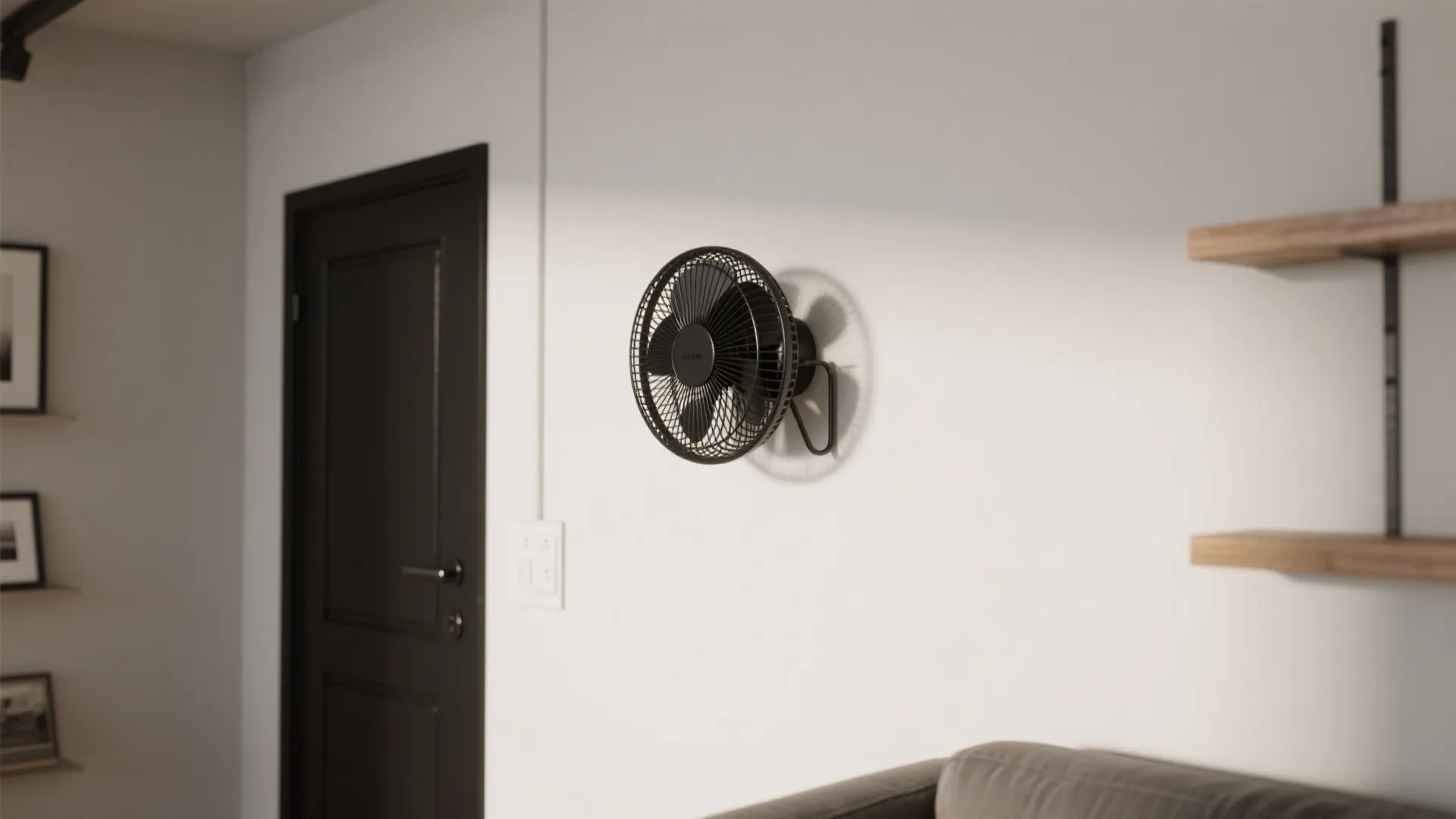 Small black wall fan mounted on white wall next to dark door and wooden wall shelves