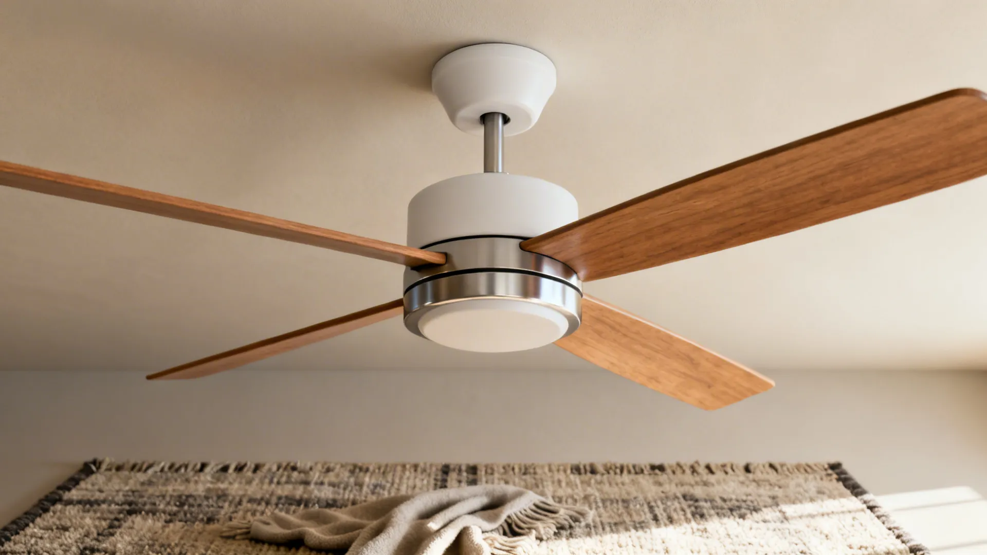 Minimalist ceiling fan with slim wood-tone blades and brushed nickel hub above textured textiles.