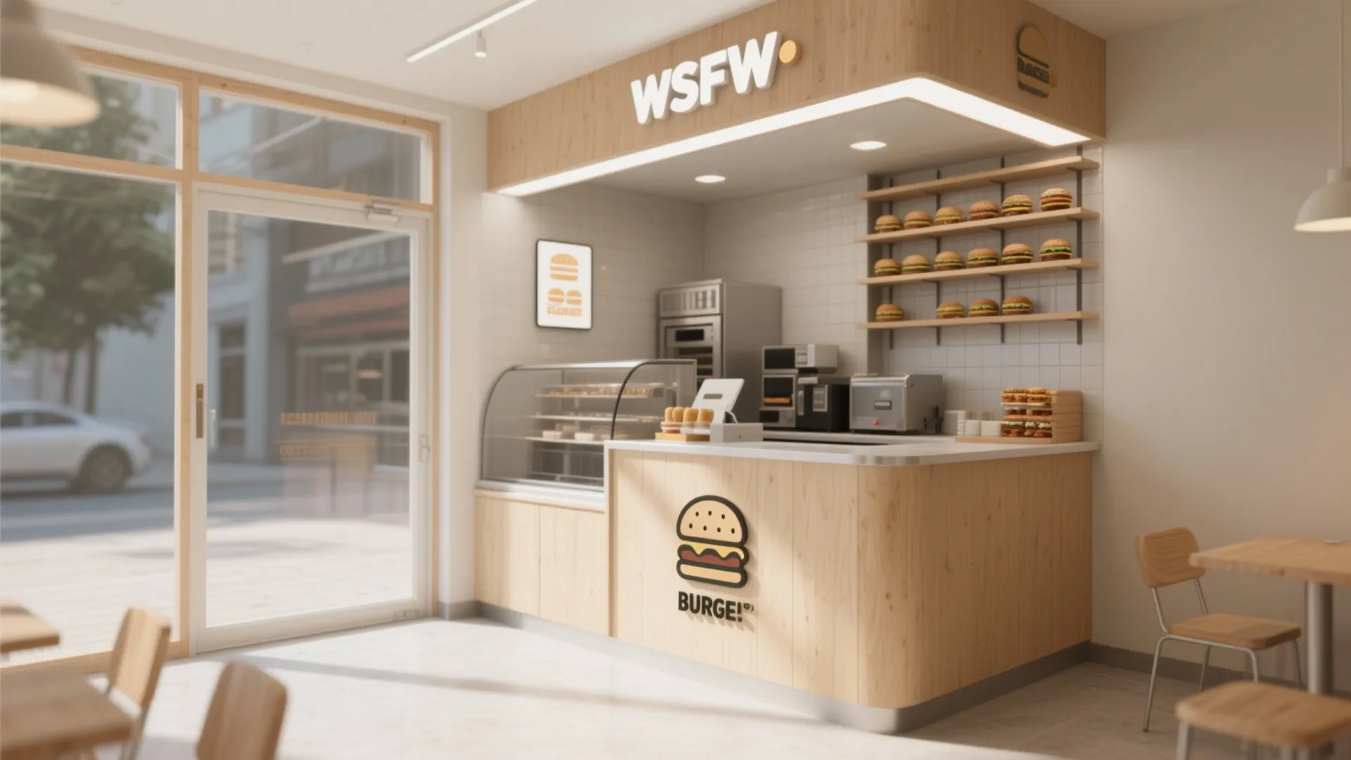Minimalist burger shop interior design with light wood service counter white wall tiles and shelves
