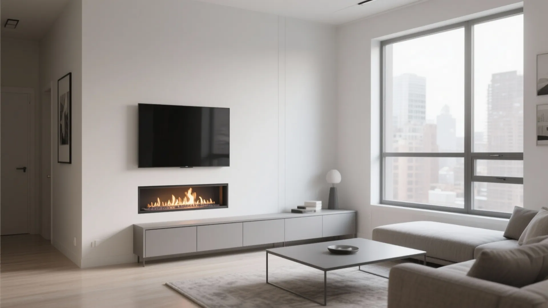 Minimalist living room with wall-mounted electric fireplace console