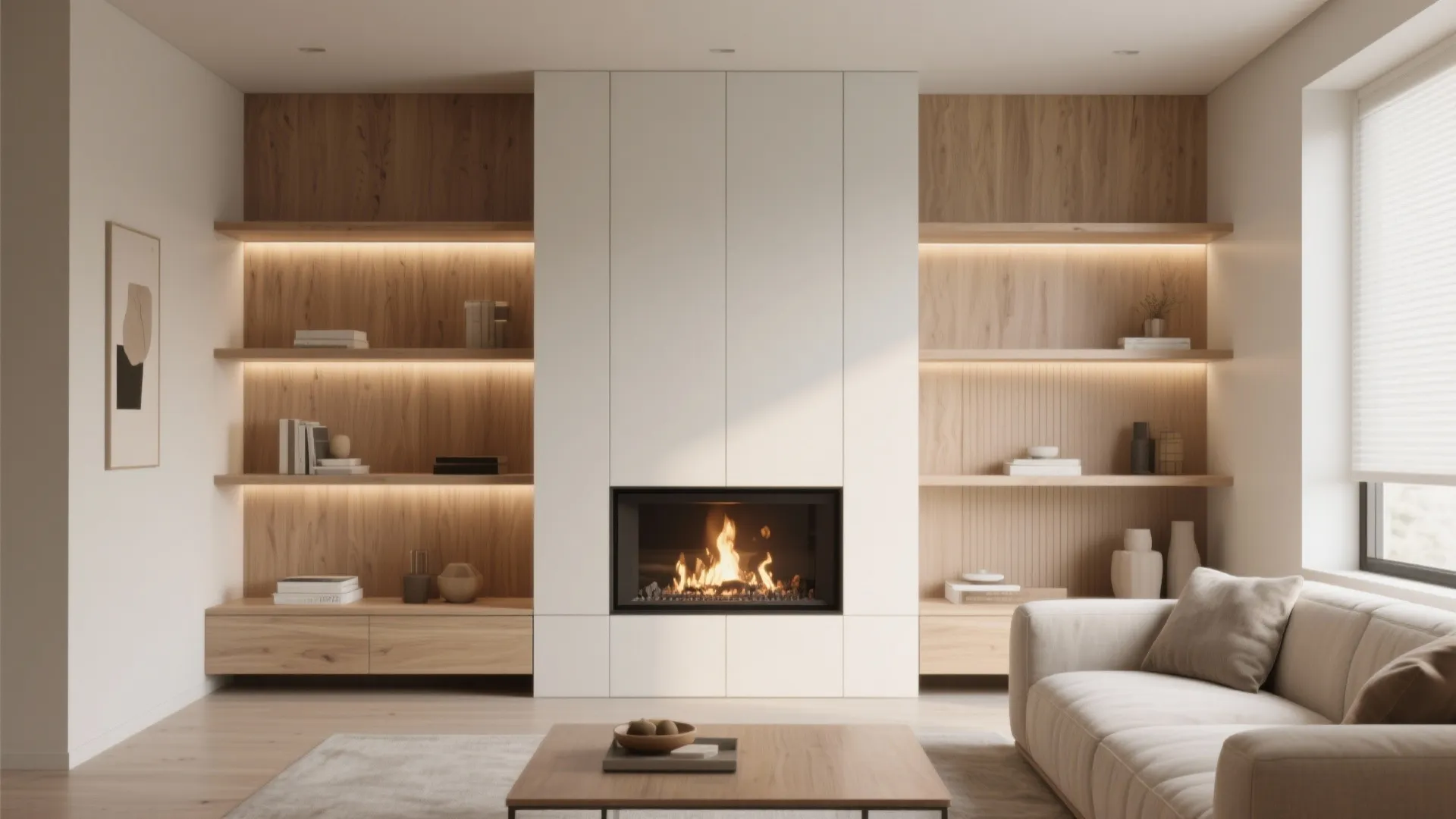 Minimalist shelving around the fireplace