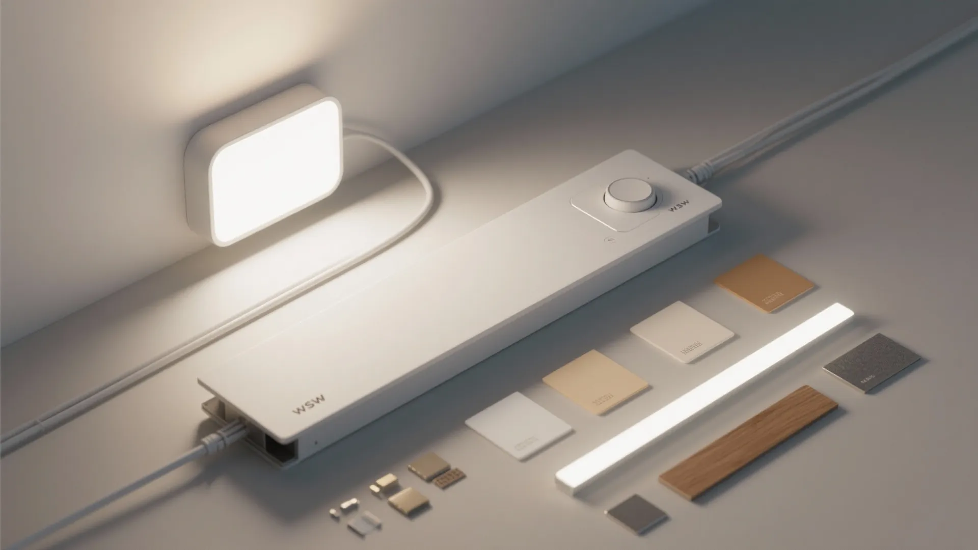 Flatlay of minimalist white fixture parts, dimmer control, and material swatches