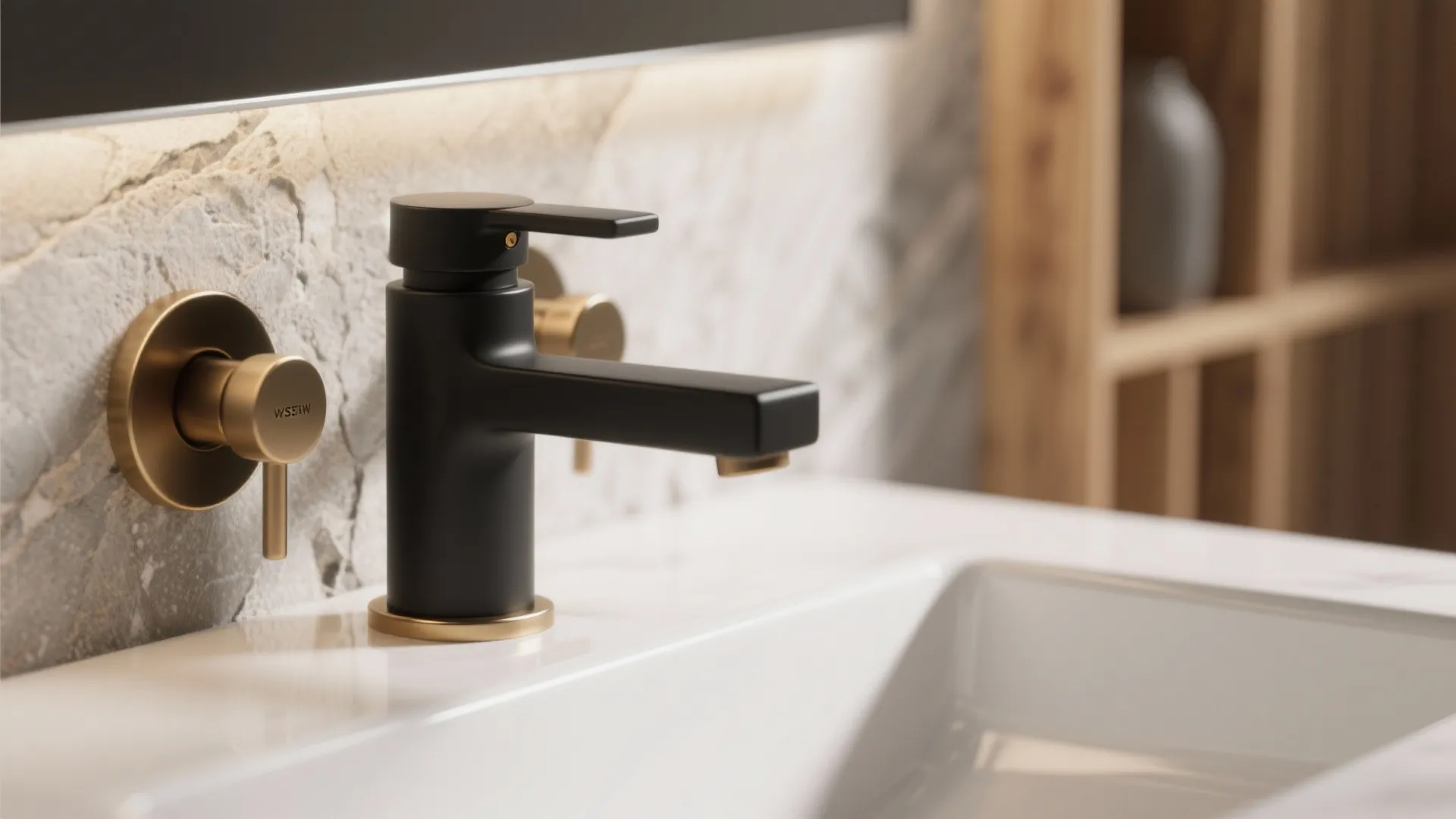 Modern matte black faucet with gold handle on white sink against a grey marble wall