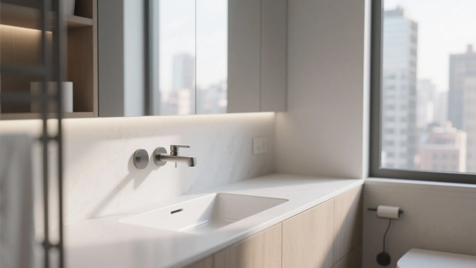 Modern white bathroom sink with wall faucet wood cabinet and window showing a city view