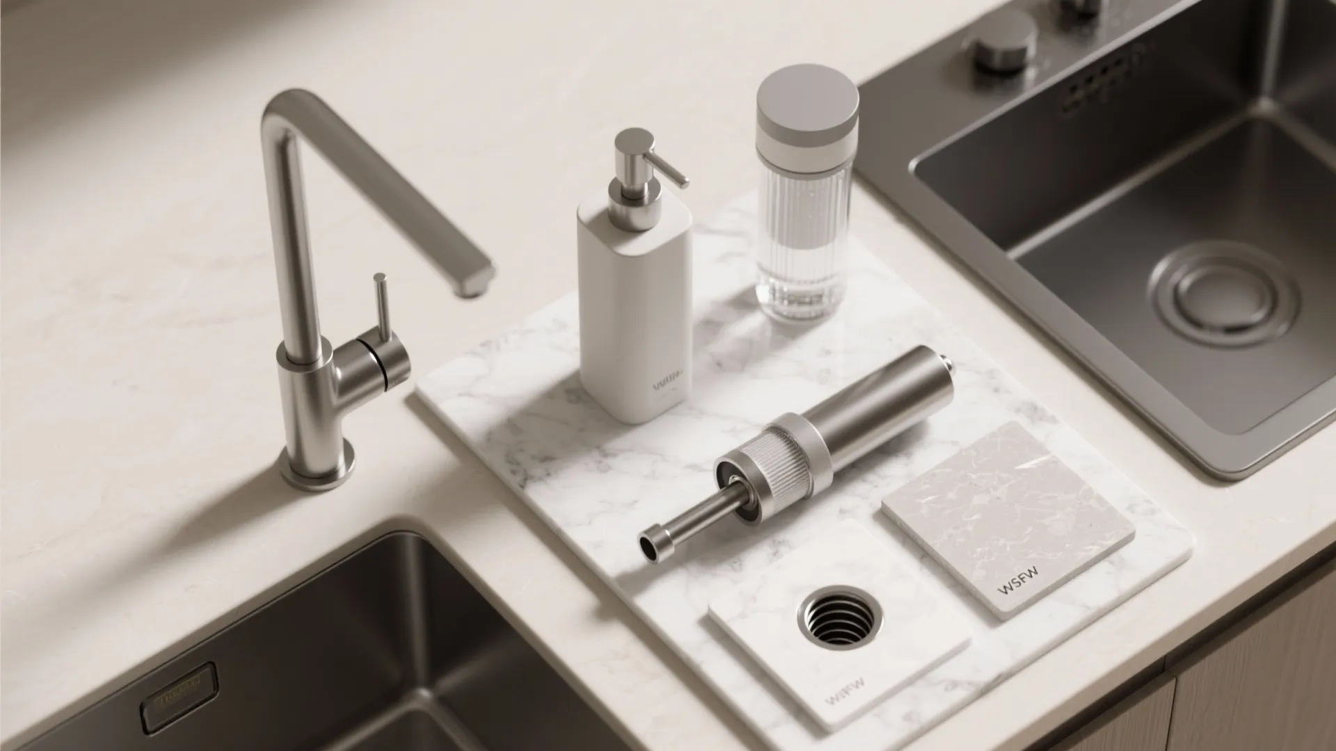 Minimalist kitchen sink accessories including soap dispenser and silver metal tools on marble stone board