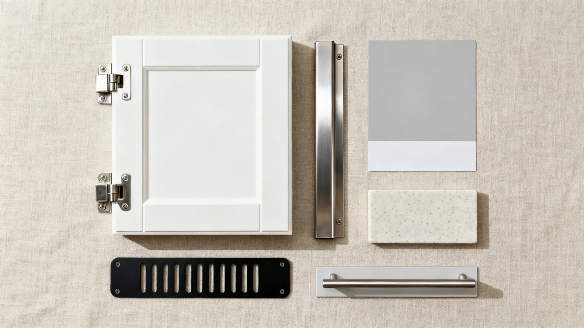 Top-down material flatlay with matte white cabinet, stainless rail, magnetic strip, and pale quartz sample.