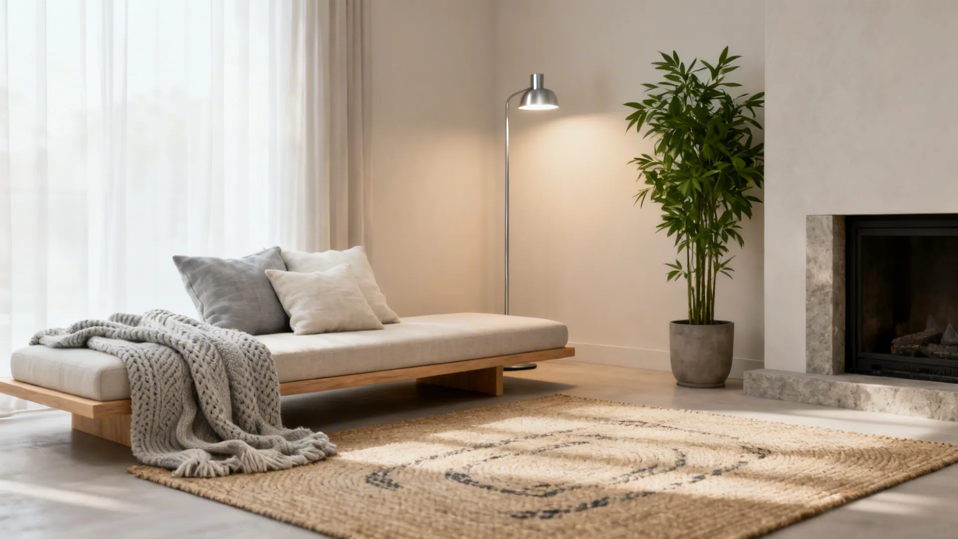 Minimalist small living room with a floating loveseat and an unobstructed corner fireplace