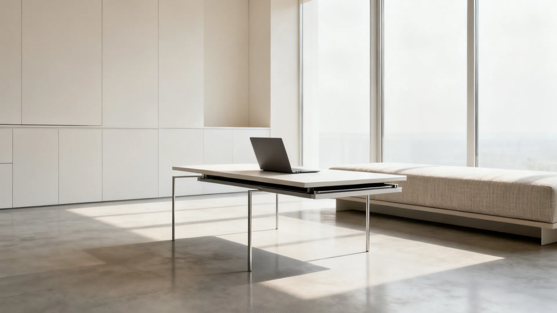 Modern minimalist room with white desk, laptop, large windows, concrete floor, and white wall storage