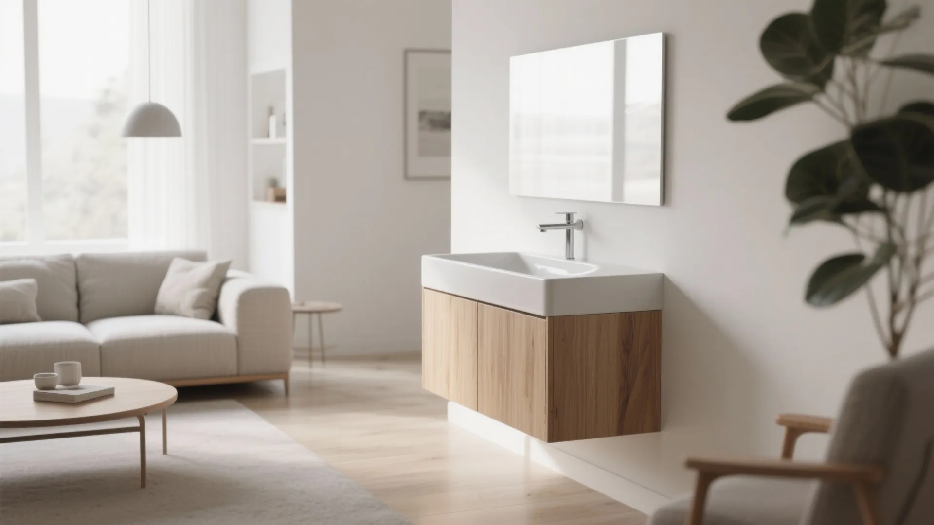 Minimalist white sink with wooden cabinet mounted on wall in a bright open plan living room