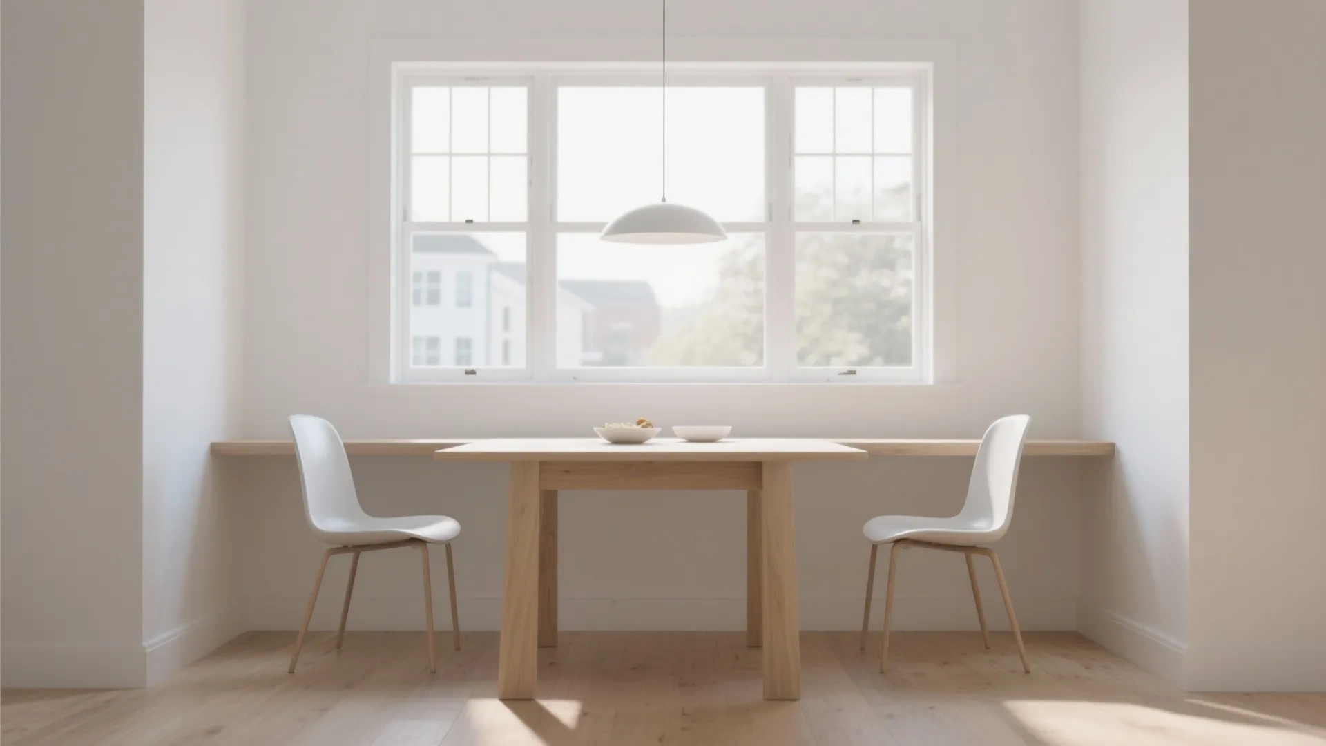 Minimalist dining area with a wooden table white chairs and ceiling light near a window
