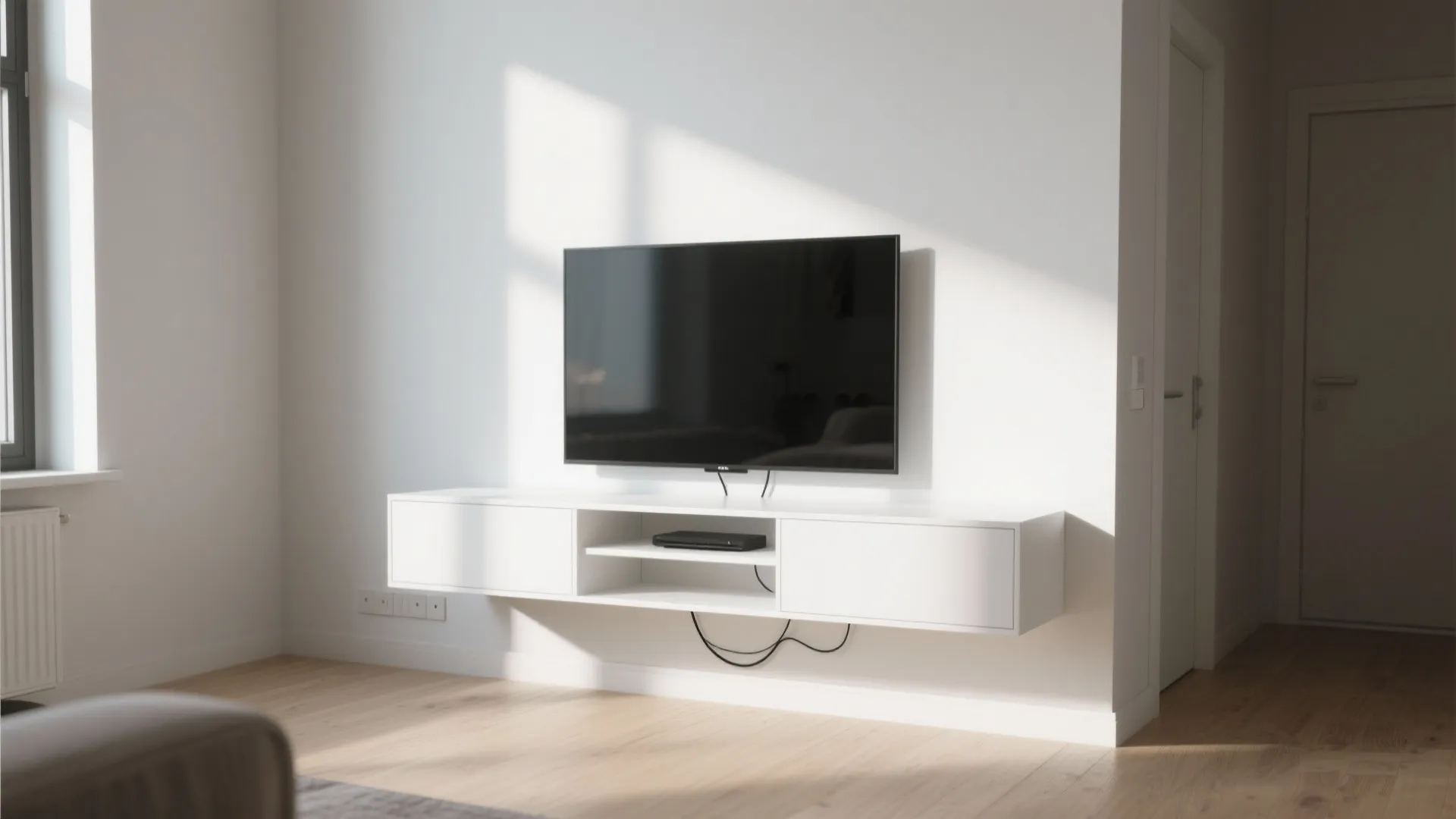 Minimalist white living room with a television mounted above a simple white floating storage cabinet