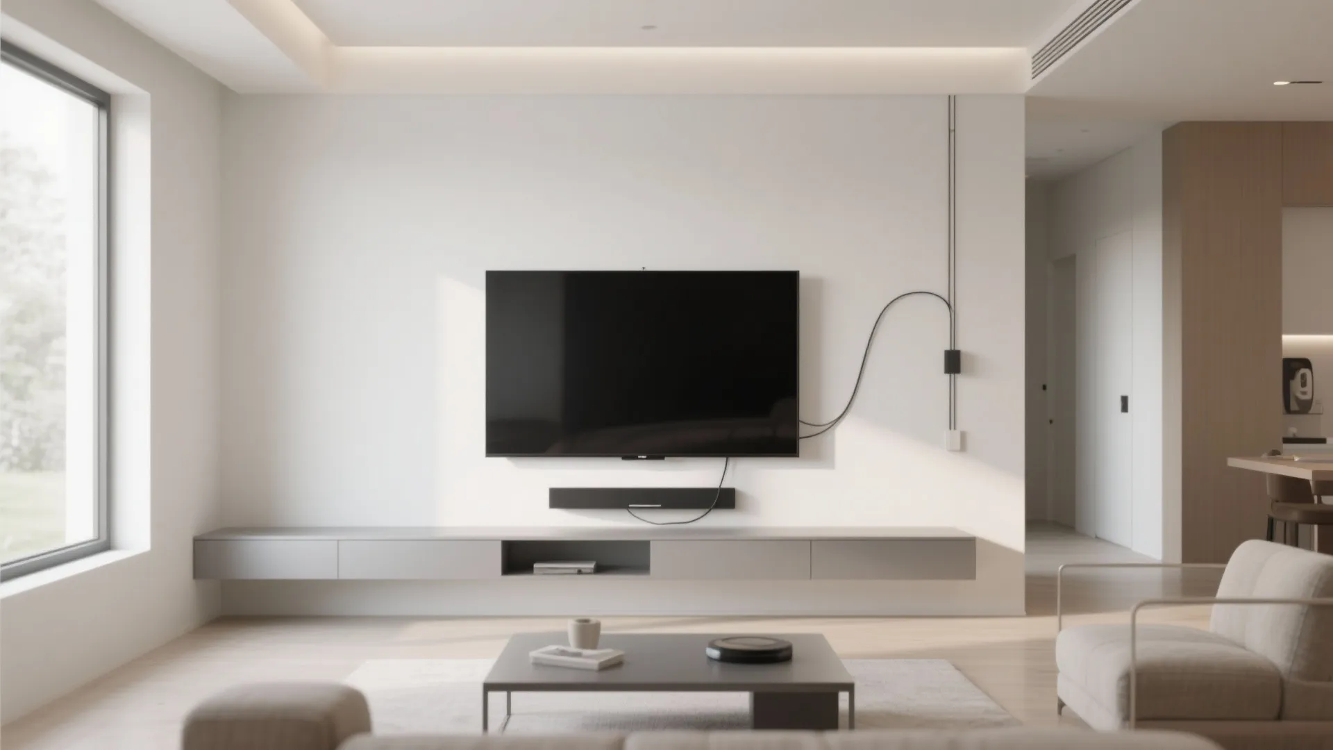 Modern living room with a wall mounted television above a grey floating long storage cabinet