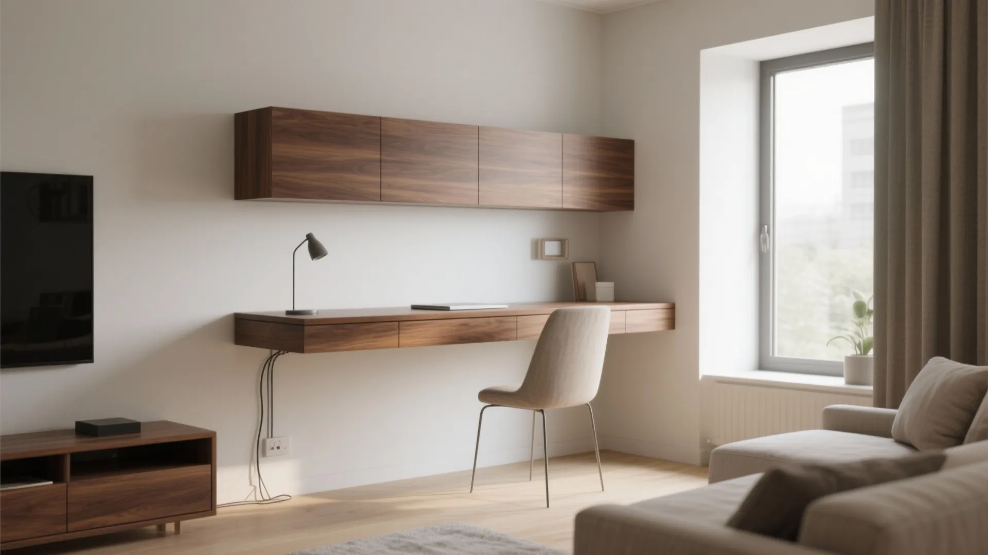 Walnut veneer floating desk in a minimalist living room