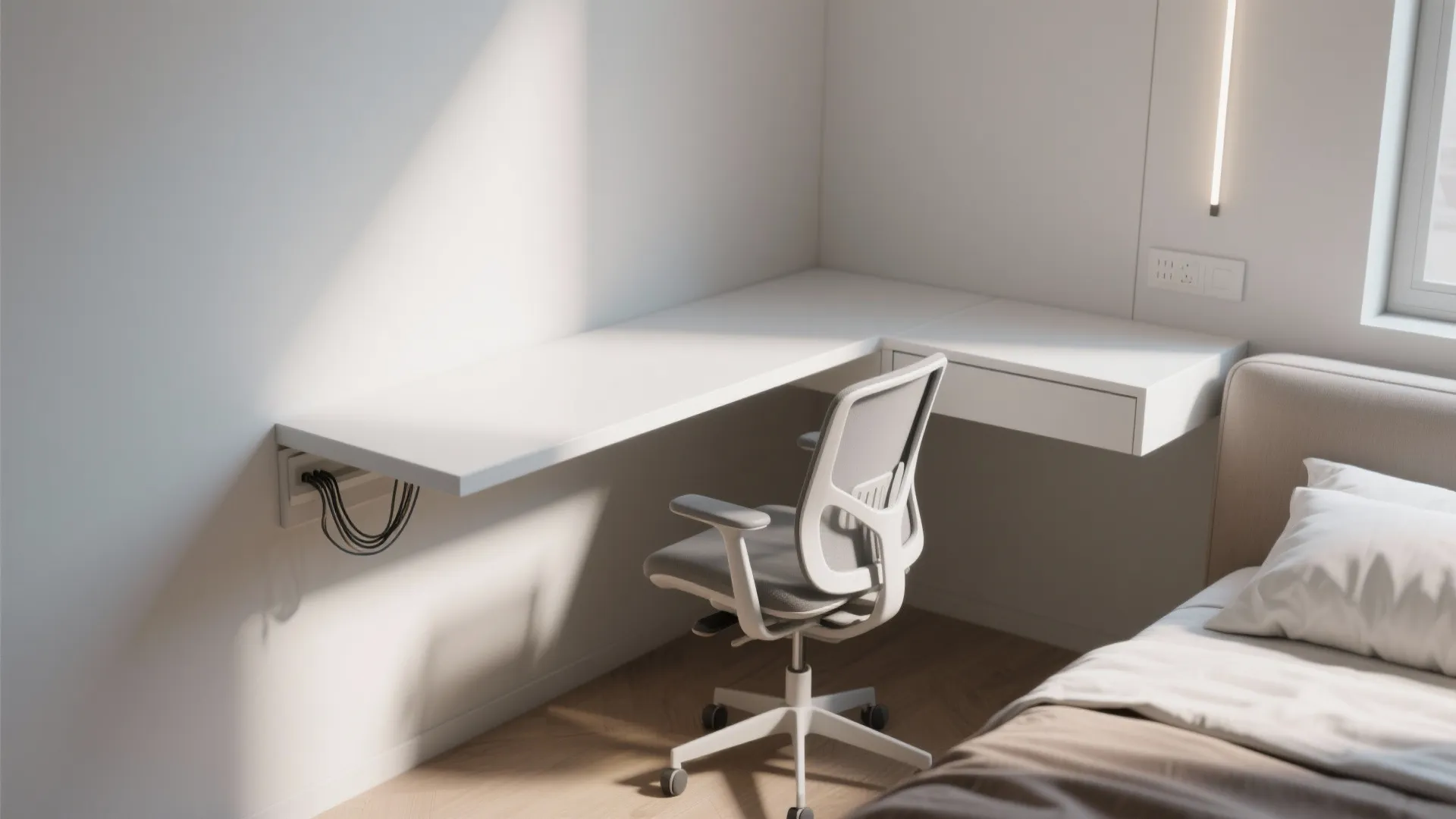 Minimalist white floating corner desk with grey office chair in a bright modern bedroom interior