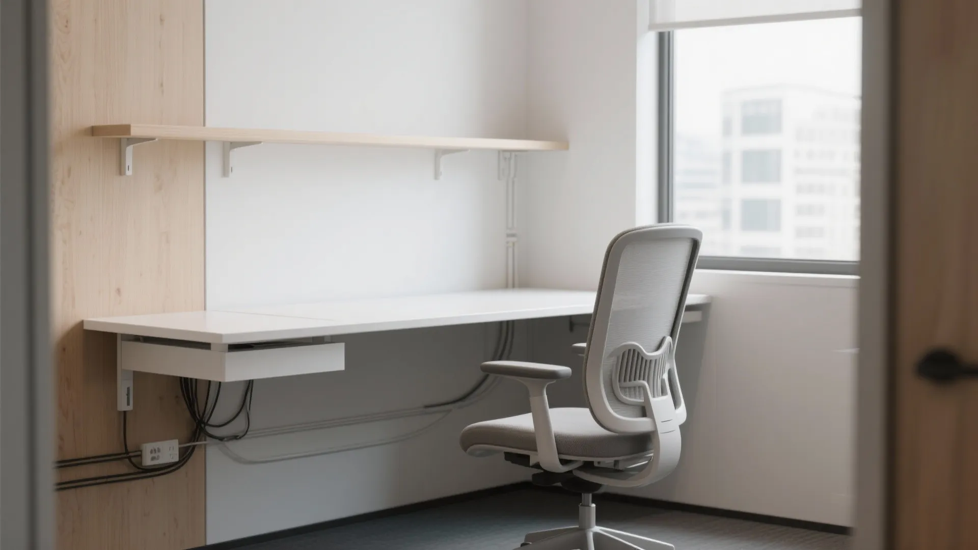 小型IT办公室舱中配有悬浮壁挂书桌，简洁干净