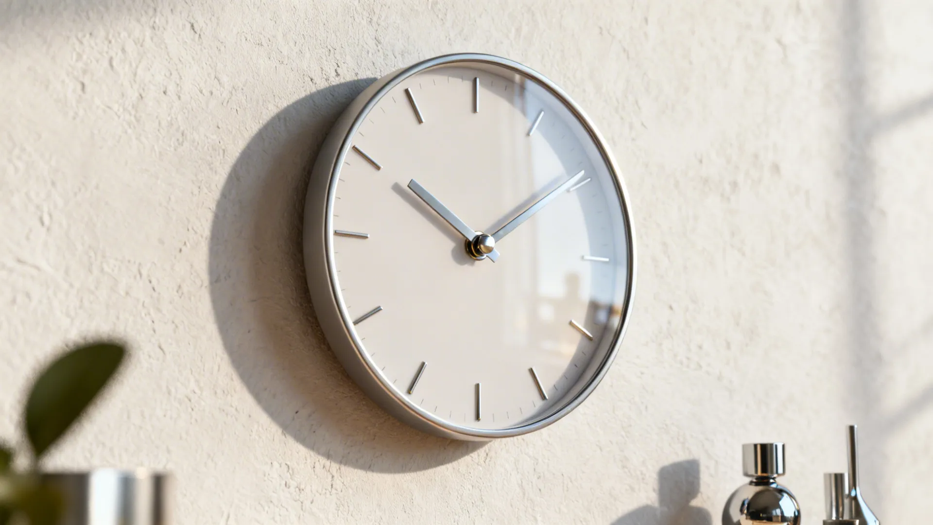 Close-up of a minimalist floating-dial clock with slim metal hands on a light wall.