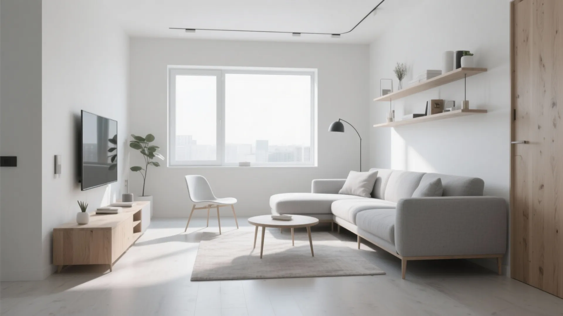 Minimalist living room featuring grey sofa, wooden cabinet, wall television, round table, and white walls