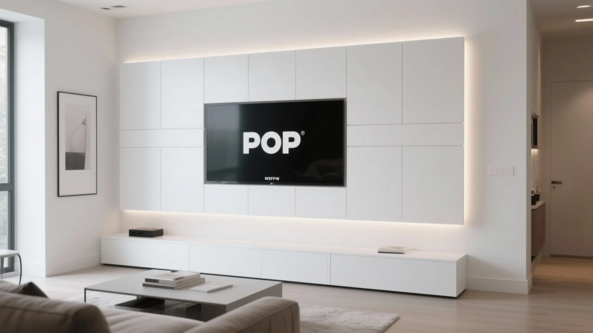 Minimalist living room featuring white wall panel with backlighting mounted television and clean white cabinet