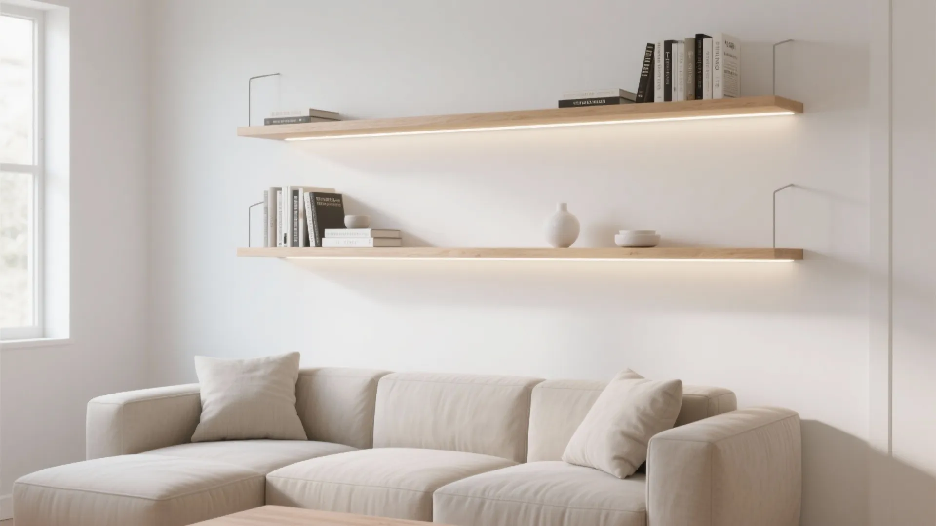 Minimalist floating shelves above sofa in bright small living room
