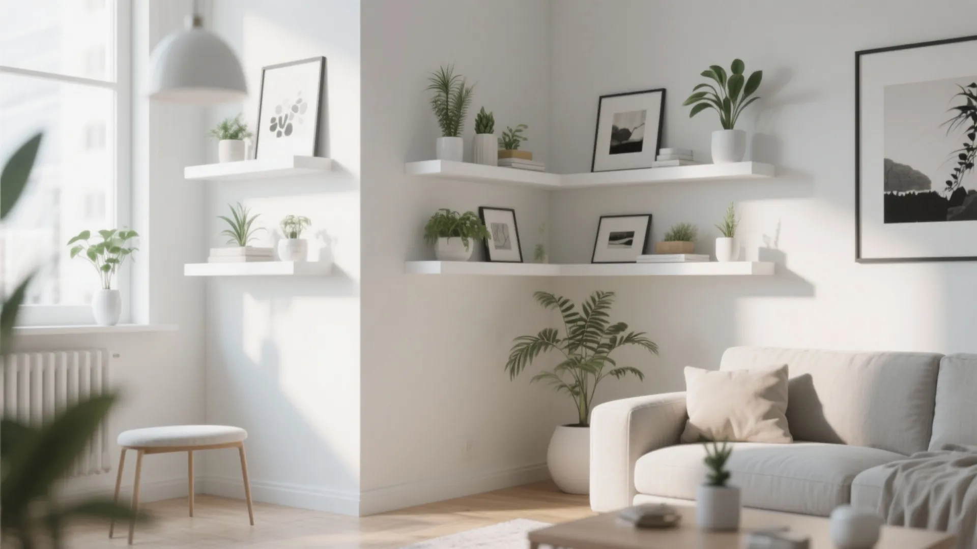 White minimalist floating corner shelves with plants and art in a bright living room