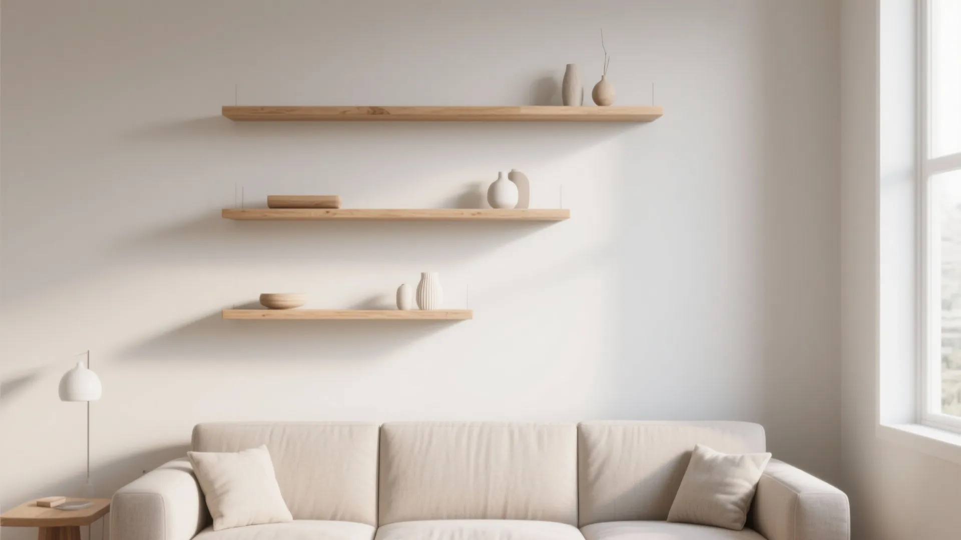 Minimalist floating shelves above sofa in a small modern living room