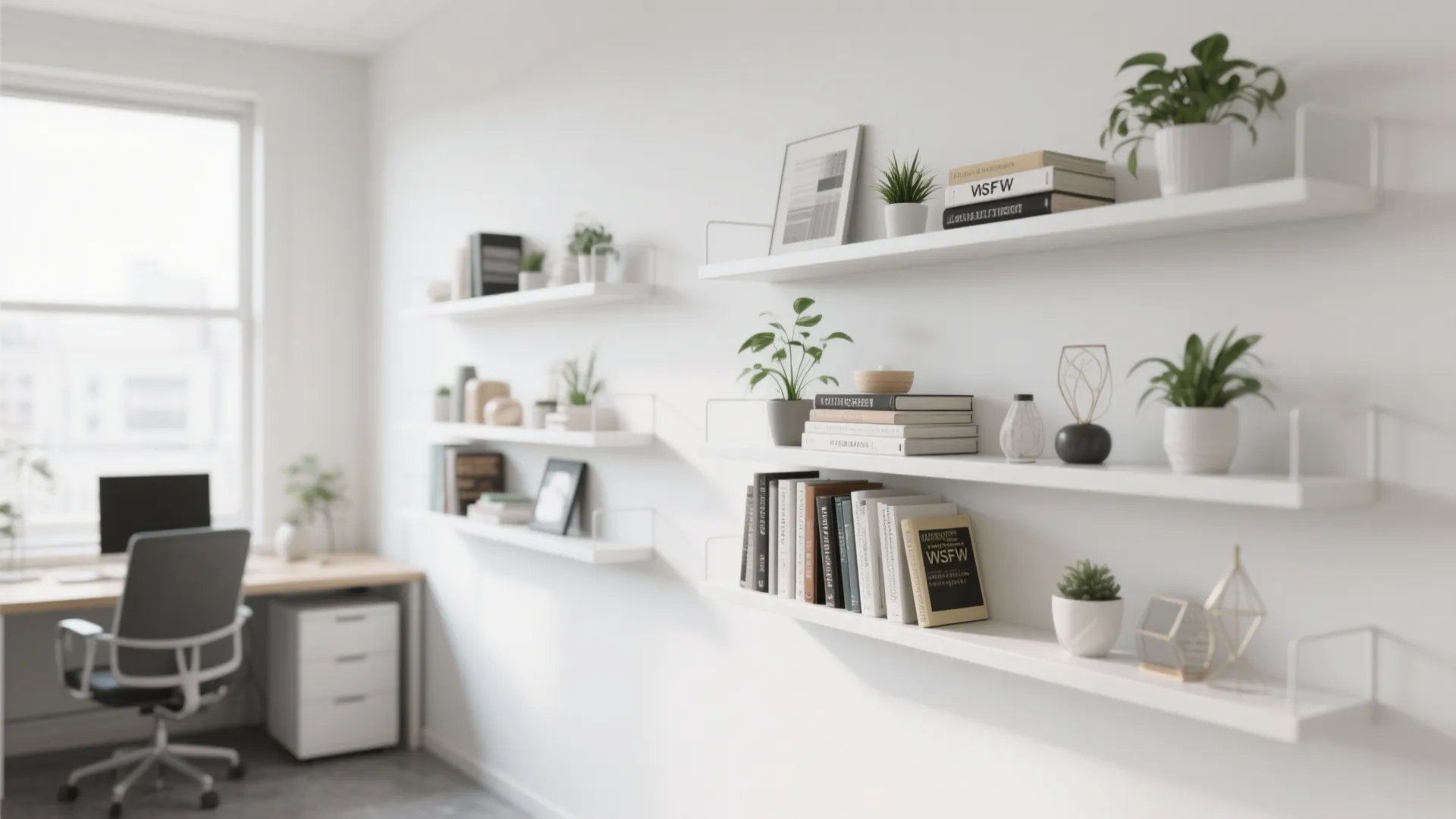 Minimalist white floating shelves on a wall holding books and small plants in a room