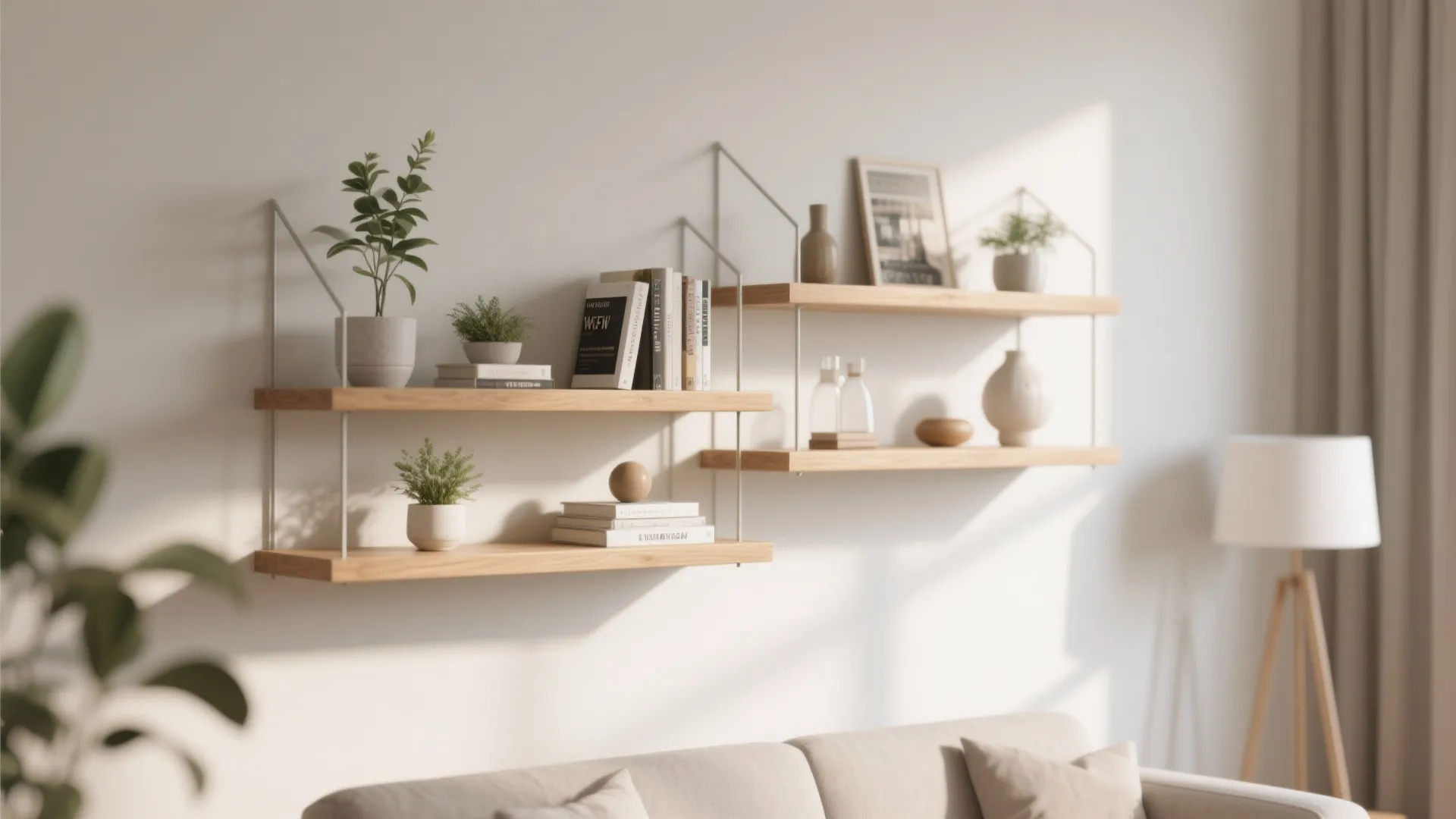 Wooden wall shelves holding small green plants books and simple vases in a bright room