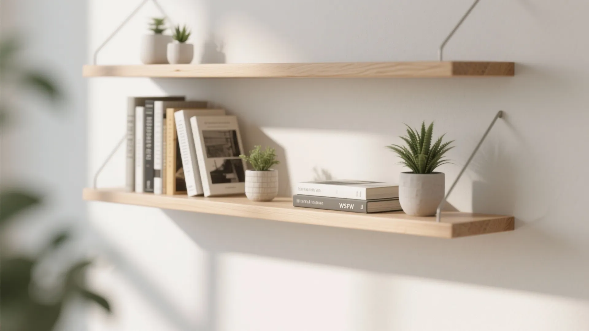 Minimalist wooden floating shelves on white wall with small green plants and a few books