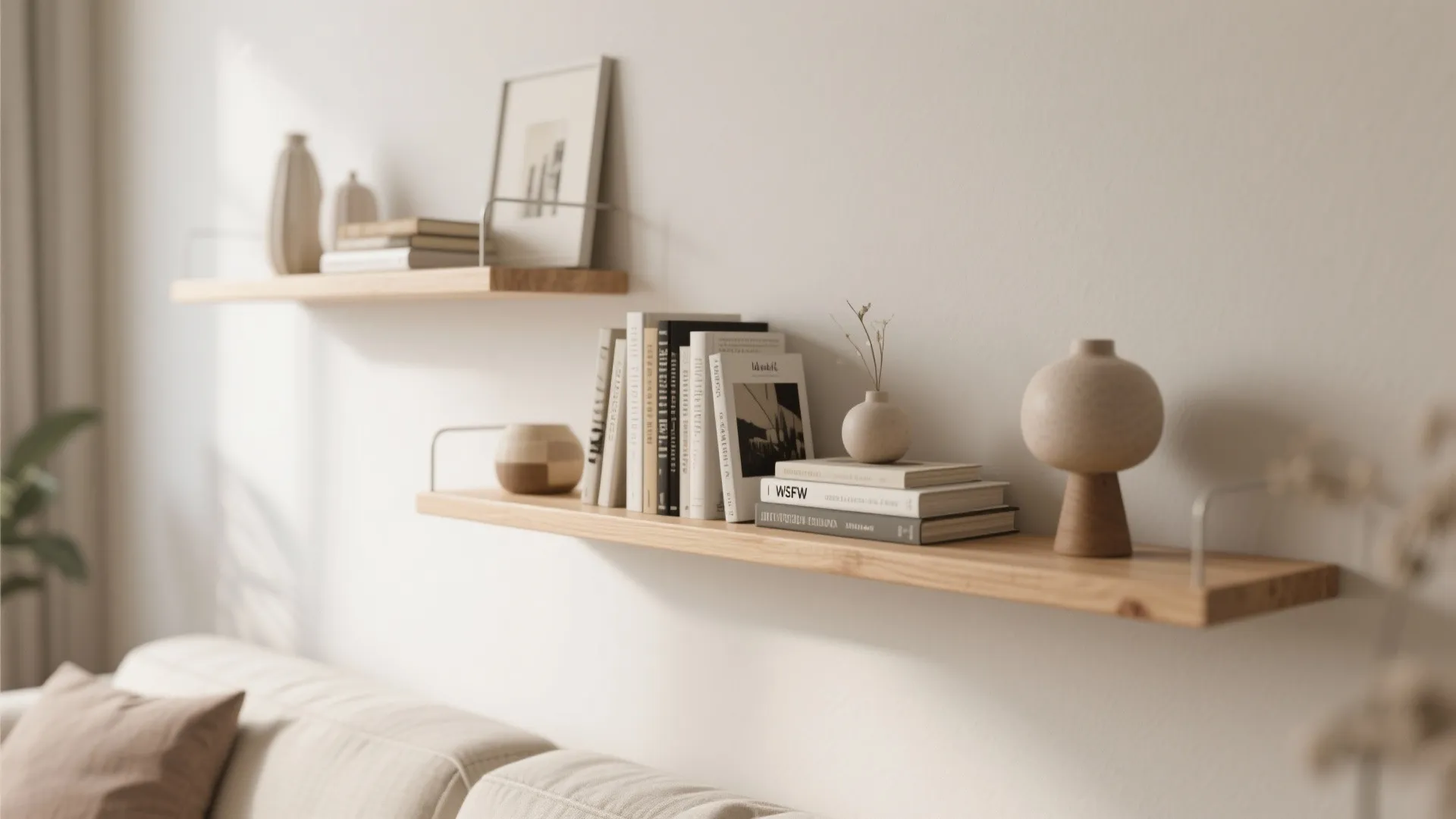 Minimalist wooden floating shelves on a white wall with books vases and small decorative items