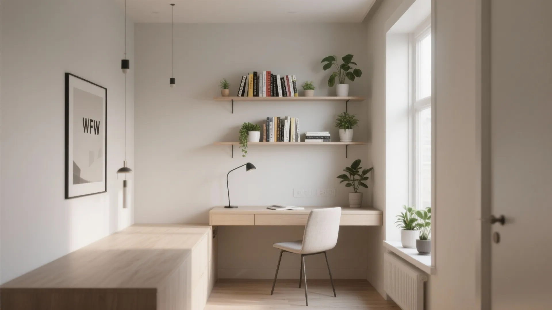 Minimalist home office with wooden floating shelves white desk grey chair and green indoor plants