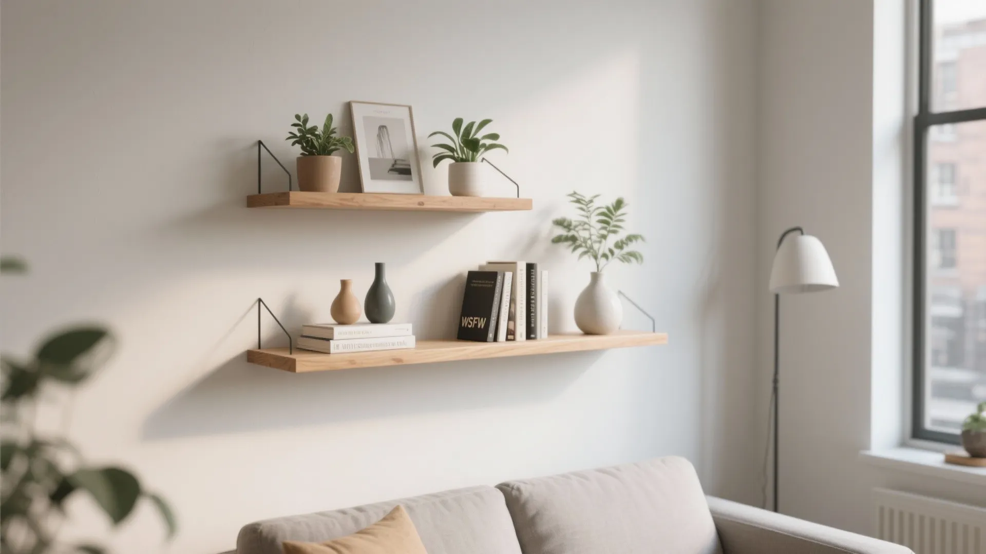 Two wooden floating wall shelves holding green plants books and vases above a beige sofa